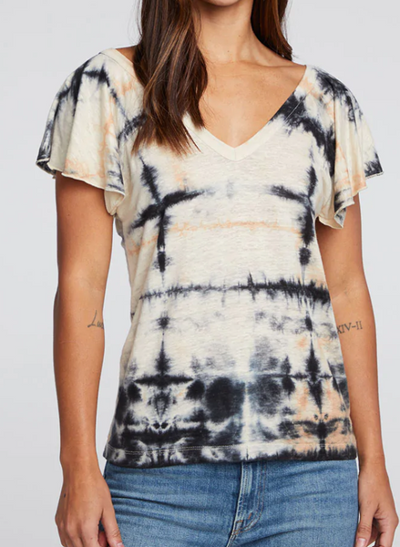 TD LINEN JERSEY DOUBLE V RAGLAN FLUTTER SLEEVE TEE