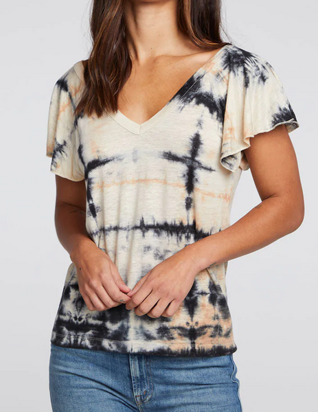 TD LINEN JERSEY DOUBLE V RAGLAN FLUTTER SLEEVE TEE
