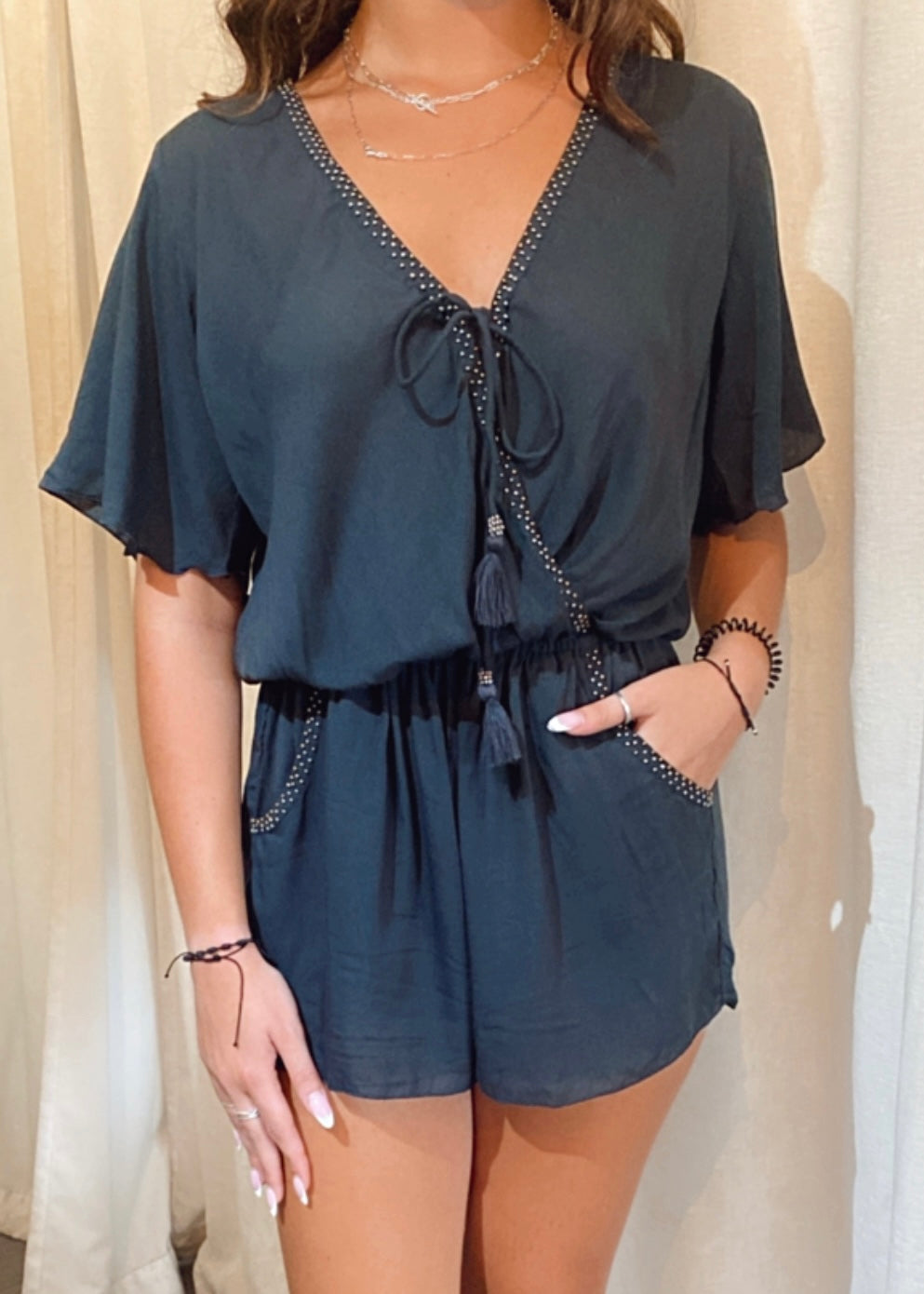 Flora Beaded Detail Flutter Sleeve Romper