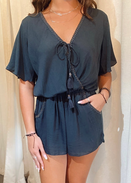 Flora Beaded Detail Flutter Sleeve Romper