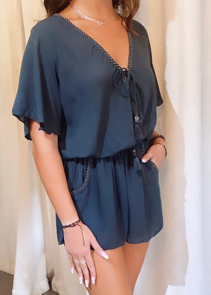 Flora Beaded Detail Flutter Sleeve Romper