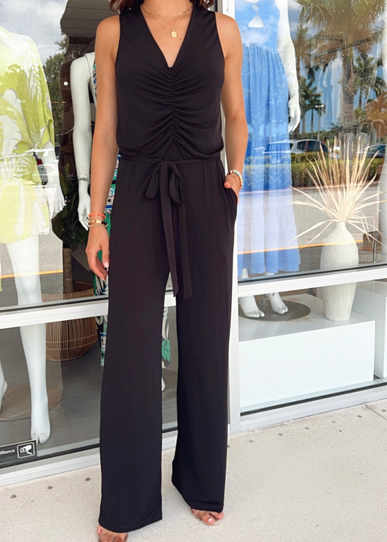 Ashlee Shirred V Neck Jumpsuit