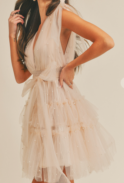 Evelyn Pearl Studded Tulle Tiered Mini Dress