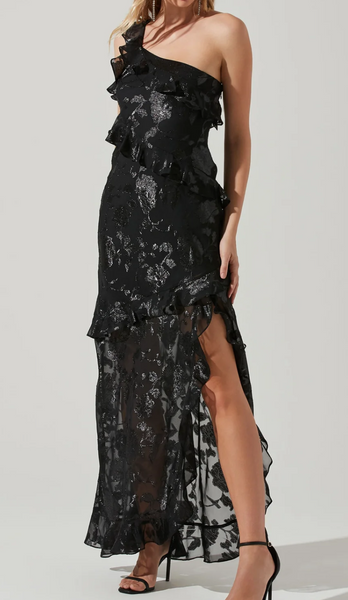 Raven One Shoulder Shimmery Floral Dress