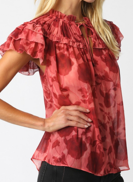 Elana Ruffle Shoulder Print Top