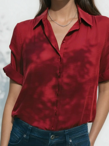 Ruched Short Sleeve Button Down Top