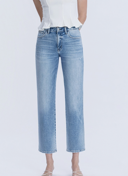 High Rise Medium Light Wash Ankle Straight Jean