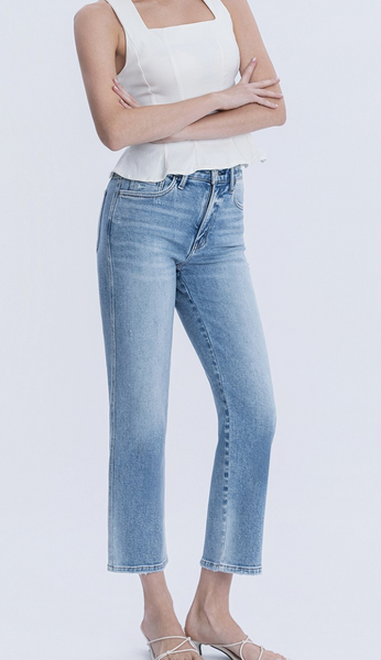 High Rise Medium Light Wash Ankle Straight Jean