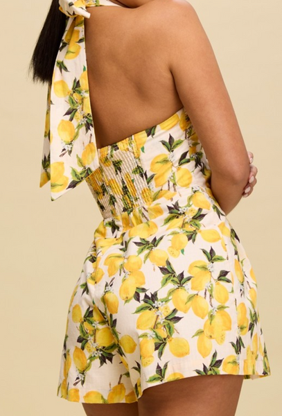 Zesty Lemon Print Halter Neck Romper