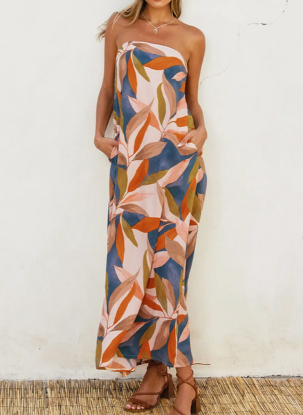 Olive Print Strapless Maxi Dress