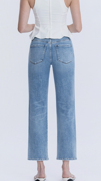 High Rise Medium Light Wash Ankle Straight Jean