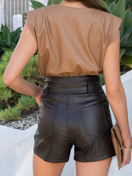 Highrise Paperbag Faux Leather Shorts