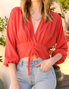 Veronica Red Dobby Cinched Blouse