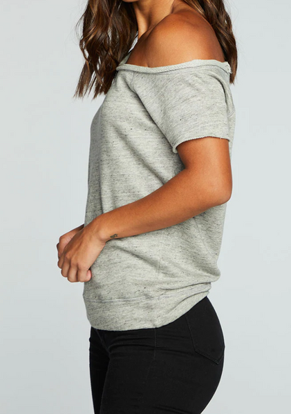 LINEN FRENCH TERRY OFF THE SHOULDER RAGLAN CAP SLEEVE PULLOVER