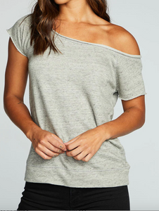 LINEN FRENCH TERRY OFF THE SHOULDER RAGLAN CAP SLEEVE PULLOVER