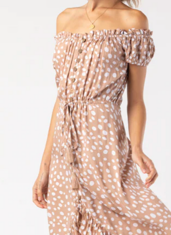 Riviera Polkadot Off Shoulder Dress